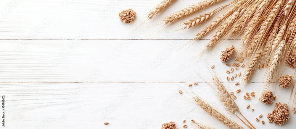 Fototapete Wheat ears and grains on a white wooden surface. with copy space image. Place for adding text or design