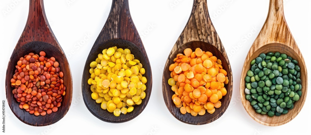 Poster Yellow red and green lentils in a wooden spoon isolated on a white background providing copy space for your text Top view