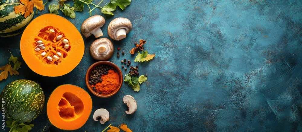 Aufkleber Ingredients for making Indian curry using vegetables pumpkins and mushrooms on a blue background along with spices Captured from above copy space