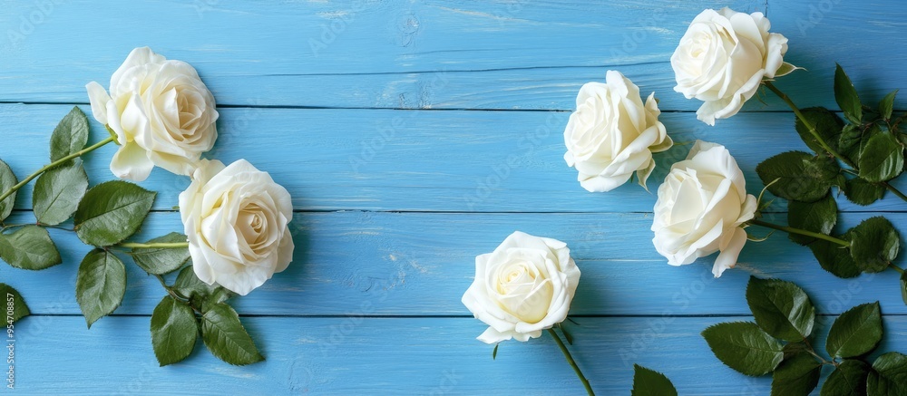 Poster Top view of lovely white roses on a blue wooden surface. with copy space image. Place for adding text or design