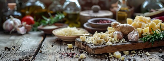 Fototapeta premium Rustic kitchen setting with cheese, garlic, and herbs on a wooden table