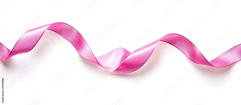 Poster A pink ribbon set against a white background Curly pink ribbon Blank space for design Romantic backdrop image. with copy space image. Place for adding text or design