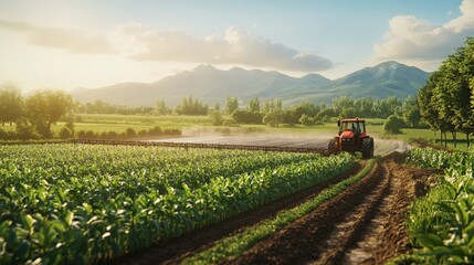 Obraz premium A picturesque agricultural landscape featuring a tractor working in lush green fields under a bright blue sky with mountains in the background.