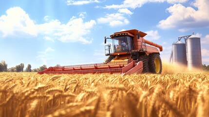 Fototapeta premium A powerful combine harvester in a golden wheat field under a blue sky with silos in the background, exemplifying modern agricultural practices.