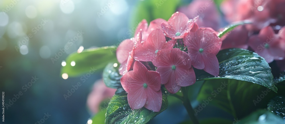 Aufkleber Hydrangea macrophylla Ajisai blooms in a garden. with copy space image. Place for adding text or design