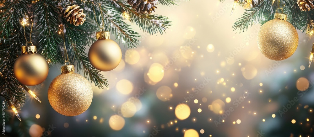 Poster christmas decoration with gold balls hanging on pine branches along with a garland and ornaments set
