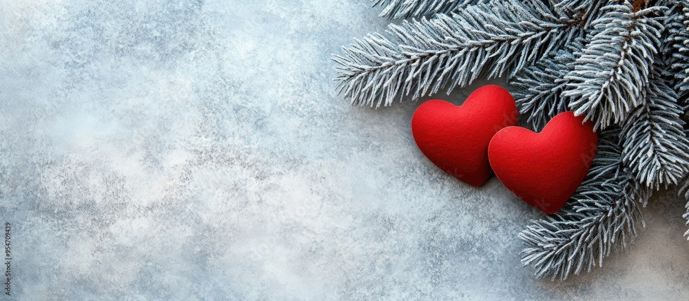Poster christmas tree branch with two red hearts on light gray paper a representation of love and lovers fo