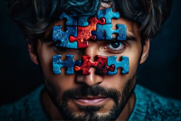 Cognitive psychology Specialized Close up of a man with puzzle pieces on his face symbolizing the complex nature of identity and the process of self discovery
