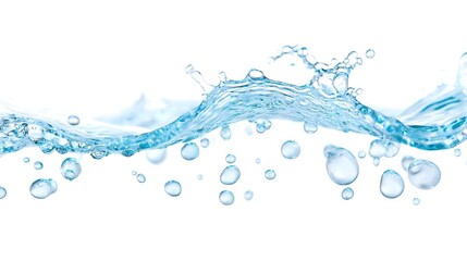 Blue Water Splash with Air Bubbles on White Background