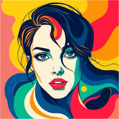 Fototapeta premium Beautiful colorful bliss. Stylized vector illustration of a woman's face blended with vibrant abstract swirls and shapes
