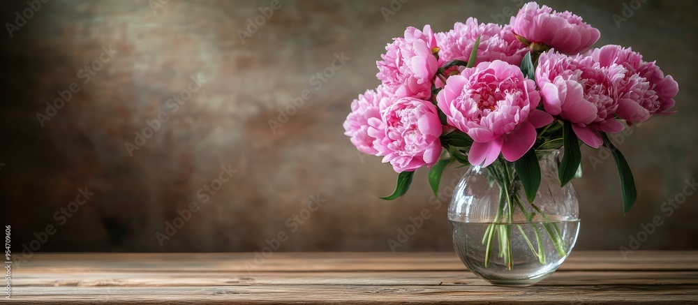 Poster a vase of pink peonies on a wooden table valentine s day gift. with copy space image. place for addi