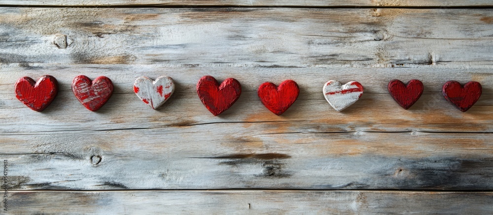 Poster two red hearts on a wooden table background with copy space