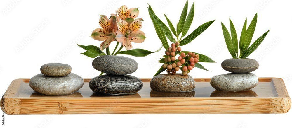 Poster spa stones alongside alstroemeria and bamboo in a wooden tray with water isolated on white. with cop