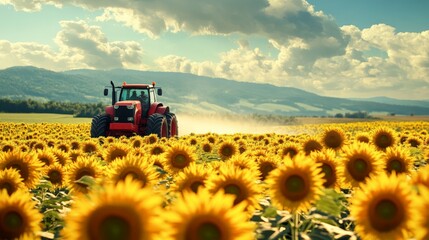 A red tractor plows through a sunflower field under a bright blue sky with clouds and mountains in the background on a sunny day.