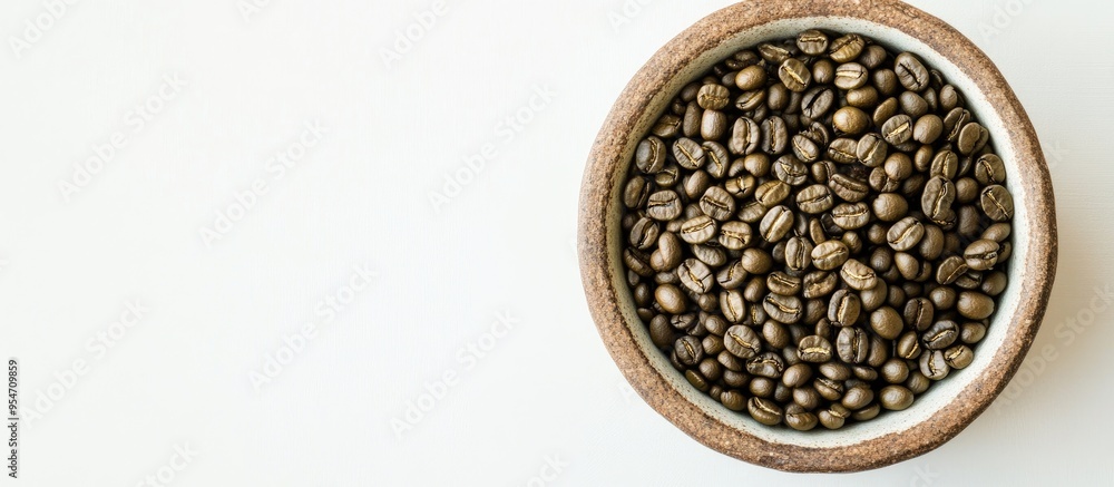 Poster bowl containing green coffee beans on a white background. with copy space image. place for adding te
