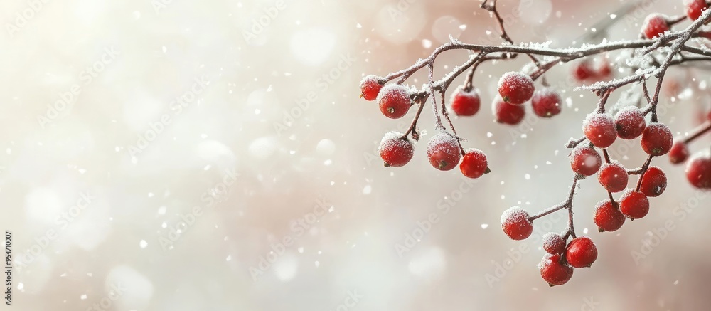 Poster Hawthorn berry against a light background featuring snow and a Bokeh effect. with copy space image. Place for adding text or design