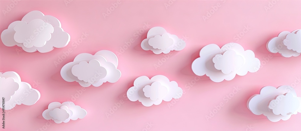 Poster white paper cut out clouds set against a pink background flat lay mock up copyspace