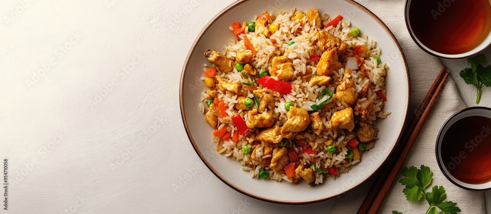 Poster chinese cuisine including fried rice and chicken accompanied by tea. with copy space image. place fo