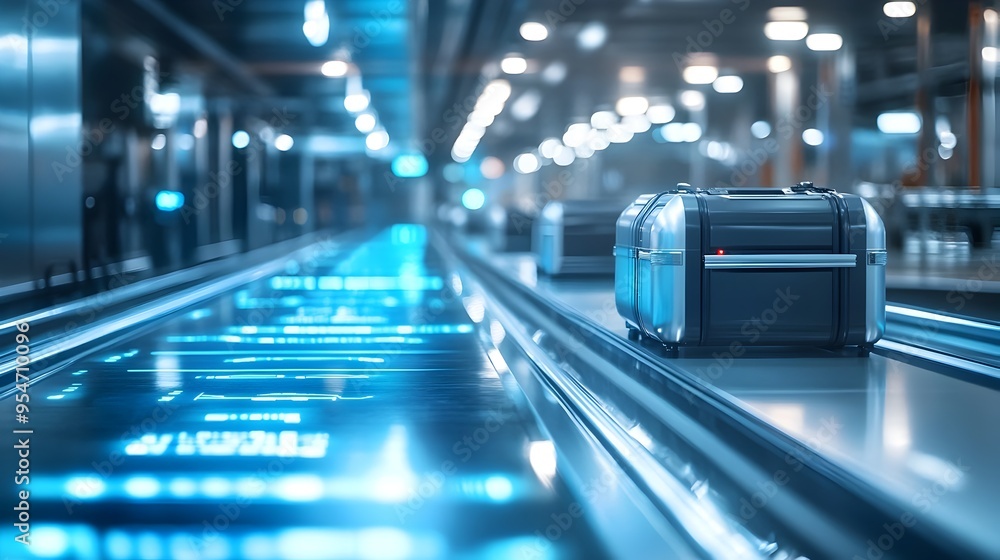 Poster photograph showcasing an iot connected baggage handling system in an airport designed to enhance eff