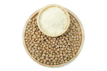 Chickpeas grain and flour in wooden containers isolated on white background top view flat lay, stack.