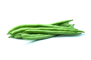 Group of french bean, haricot bean, snap bean, string bean isolated on white background closed up stack