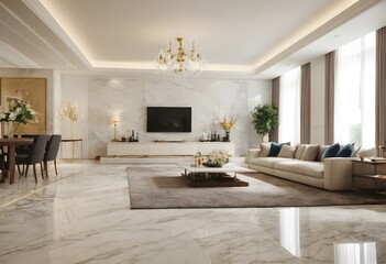 Fototapeta premium Photo interior design modern classic style of living and dining area with white marble and white