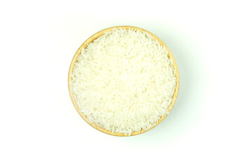 White Hom mali Rice or Jasmine rice is fragrant rice known as aromatic rice, reminiscent of pandan and popcorn, in wooden container isolated on white background , top view, flat lay.