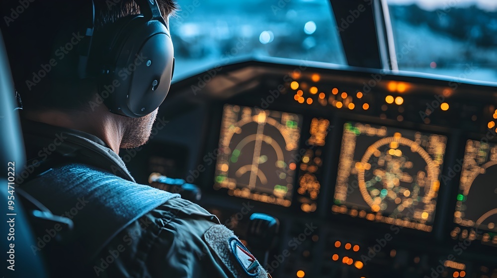 Poster photograph of a pilot in a cockpit using advanced iot integrated navigation and control systems for 