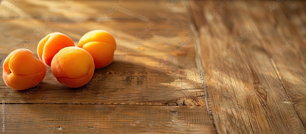 Poster selective focus on ripe apricots placed on a wooden table. with copy space image. place for adding t