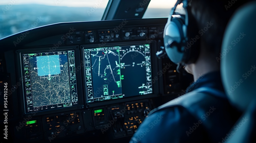 Poster futuristic pilot in cockpit utilizing iot integrated navigation and control systems for enhanced fli