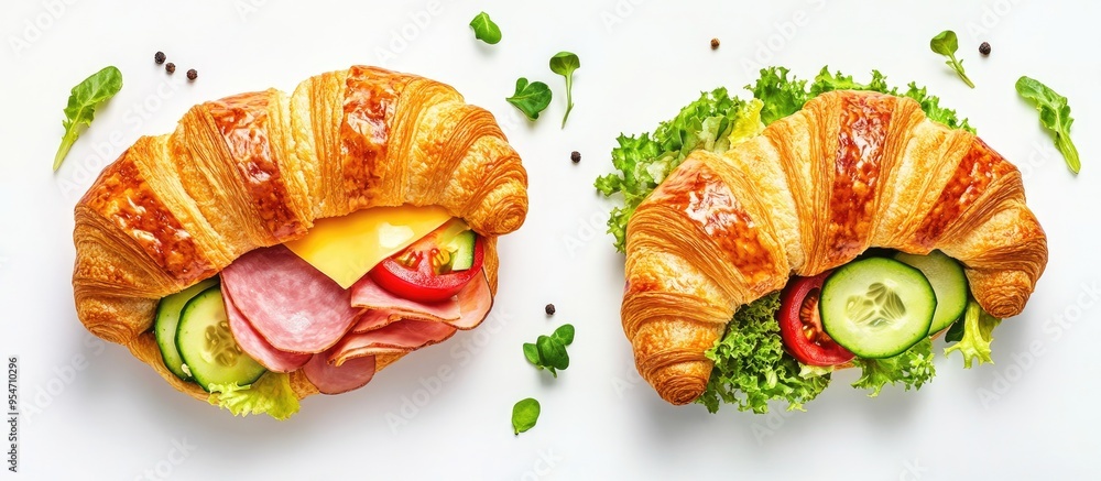Poster delicious croissant sandwich featuring fresh ham cheese tomato cucumber and lettuce alongside a sub 