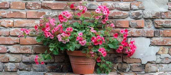 pink geranium in a planter against a brick wall. with copy space image. Place for adding text or design