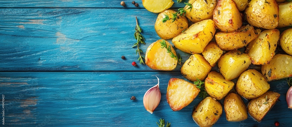 Poster crispy roasted potatoes with garlic and thyme on a blue wooden surface overhead view. with copy spac