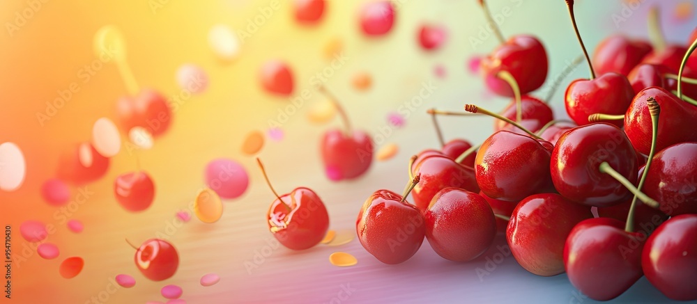 Leinwandbilder numerous ripe sweet cherries on a colorful background. with copy space image. place for adding text 