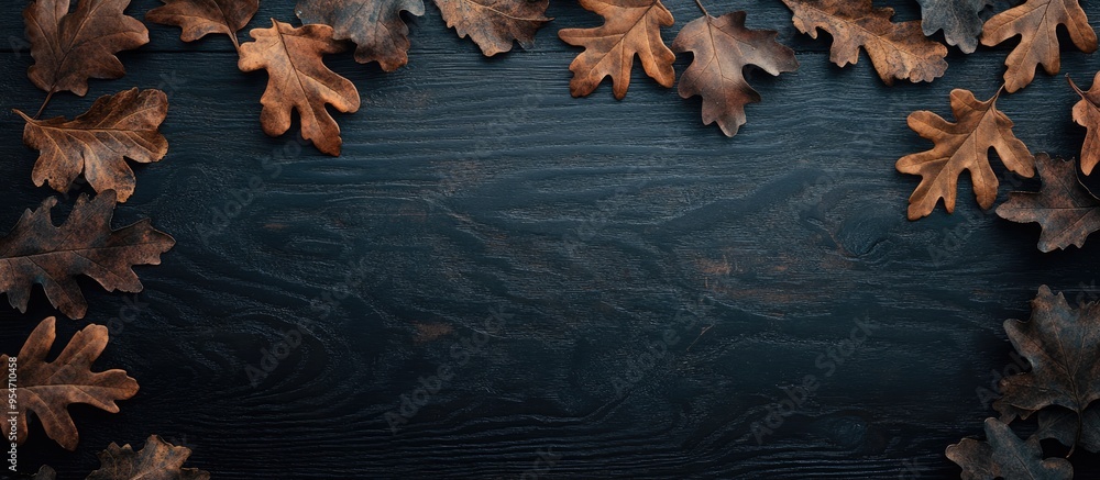 Poster oak leaves on dark wood. with copy space image. place for adding text or design
