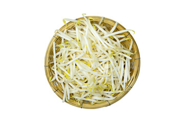 Heap of fresh bean sprout in basket isolated on white background top view flat lay stack