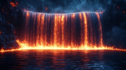 A fiery waterfall cascading into a dark, rippling lake.