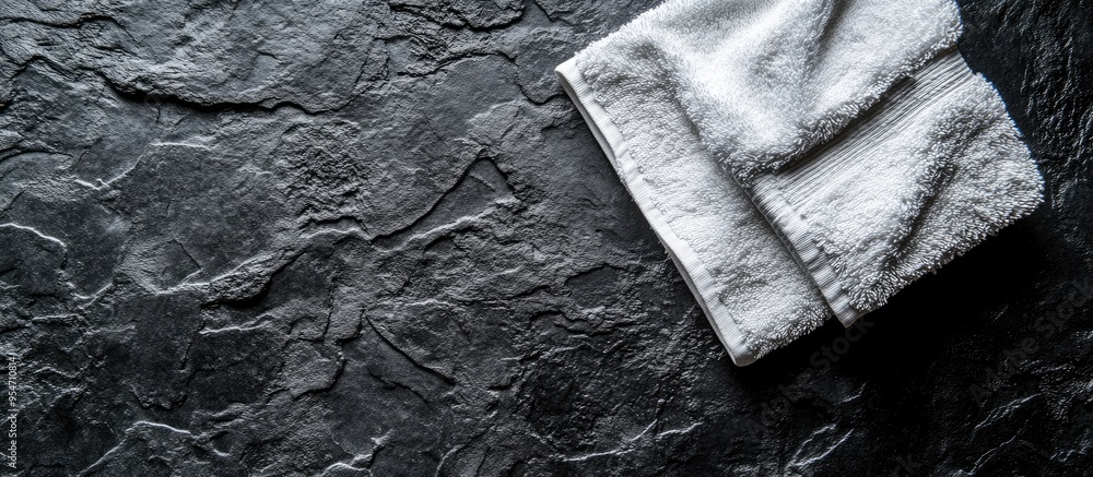 Poster Soft terry towel on a black textured background viewed from above Room for text. with copy space image. Place for adding text or design