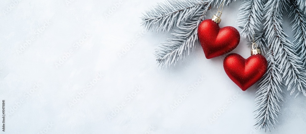 Aufkleber christmas tree branch with two red hearts on light gray paper a representation of love and lovers fo