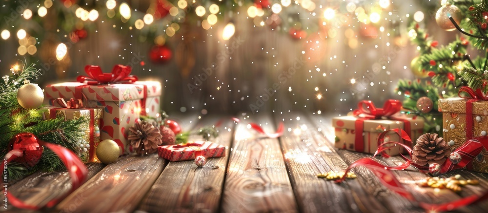 Aufkleber Christmas backdrop featuring decorations and gift boxes on a wooden surface. with copy space image. Place for adding text or design