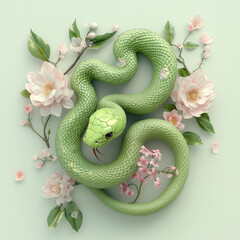 Fototapeta premium 3D image of a green snake, symbol of Chinese New Year 2025 in pink flowers, fashion snake, art