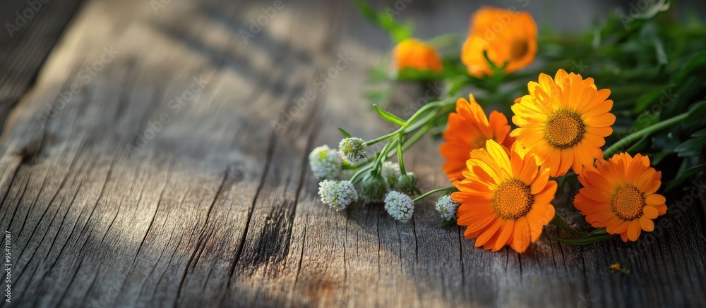 Leinwandbilder Close up of calendula chamomile and green twig on a wooden surface. with copy space image. Place for adding text or design