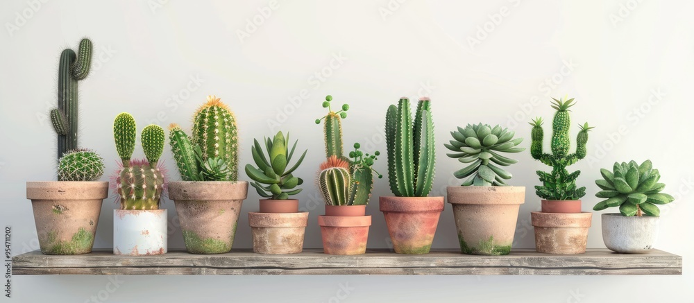 Leinwandbilder white shelf featuring different cactus and succulent plants in pots against a gray wall houseplants 