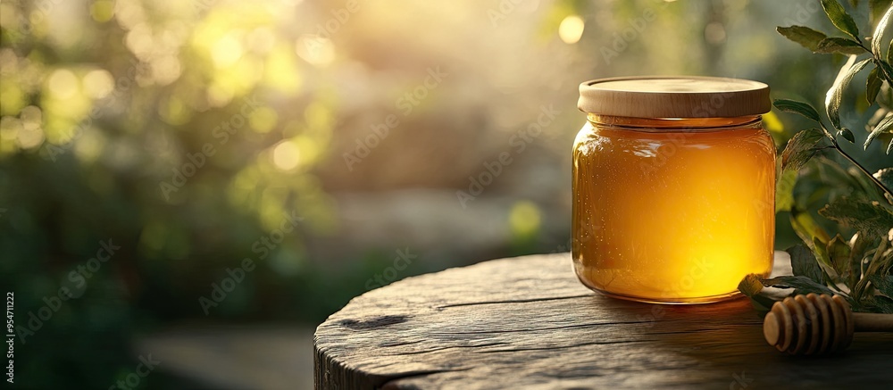 Fototapete honey jar placed on a table with a natural background shallow depth of field. with copy space image.