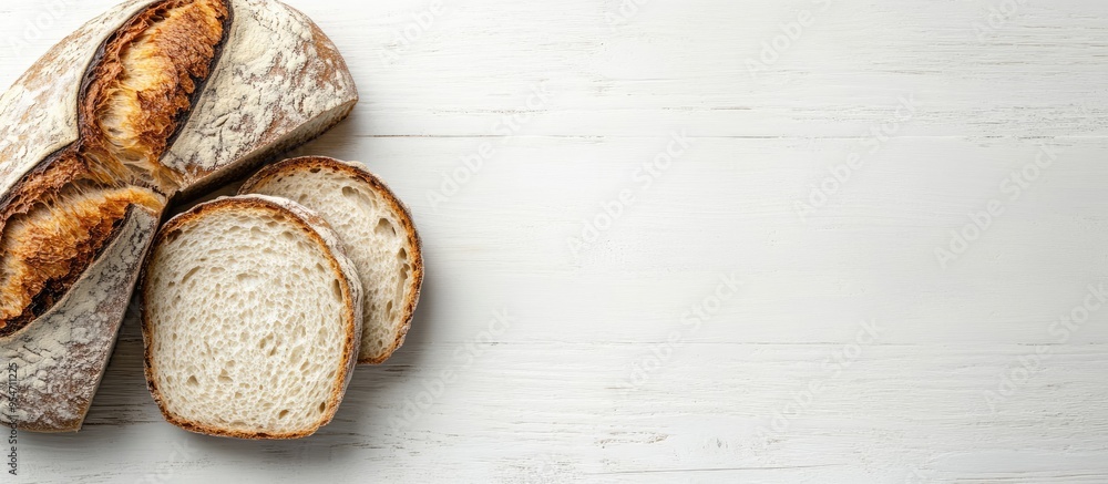 Poster freshly sliced sourdough bread on a white wooden table room for text. with copy space image. place f