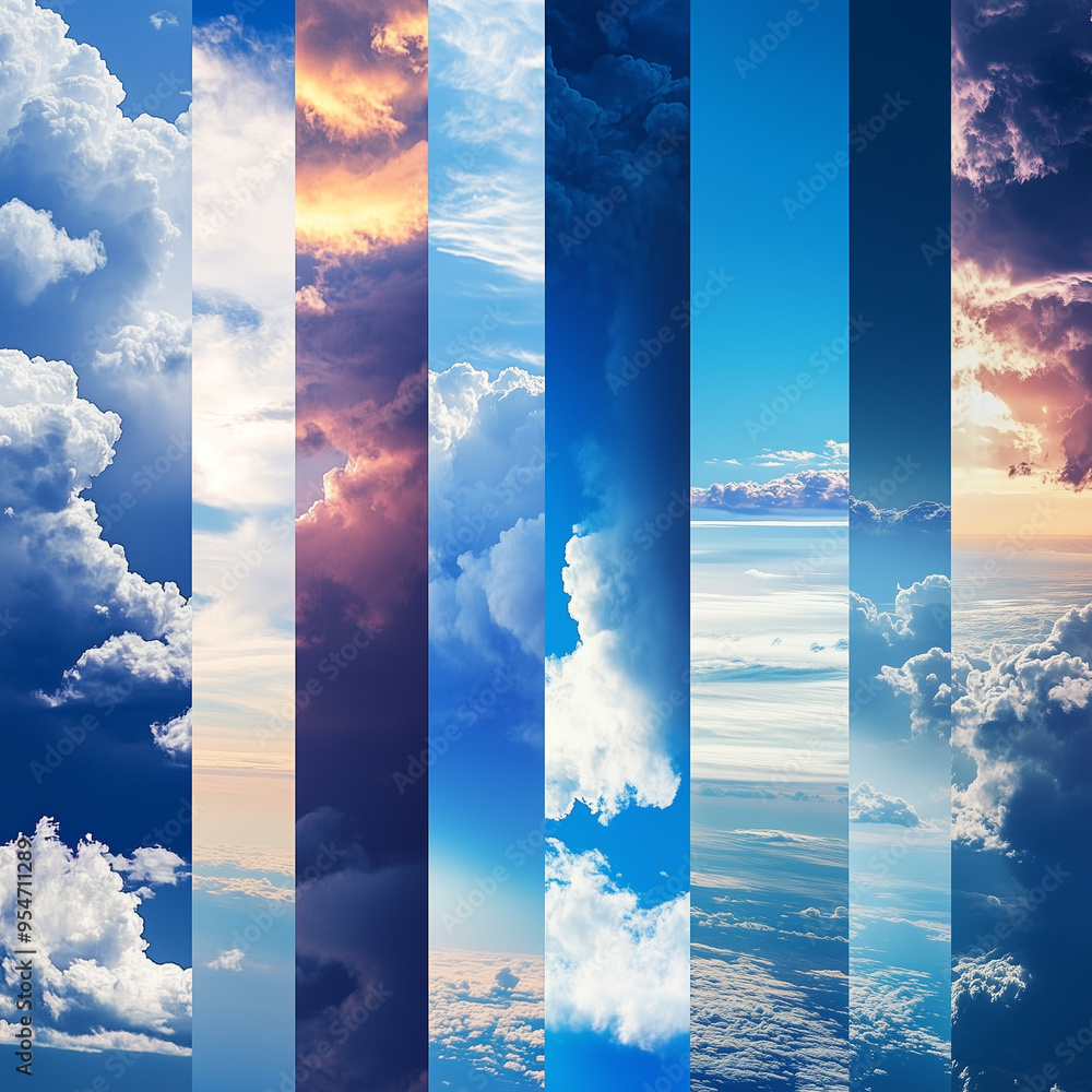 Wall mural a banner design collage displays photos of the sky under various weather conditions, emphasizing met