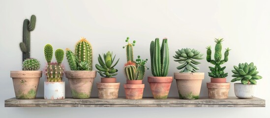 White shelf featuring different cactus and succulent plants in pots against a gray wall houseplants on a wooden shelf and wall design. with copy space image. Place for adding text or design