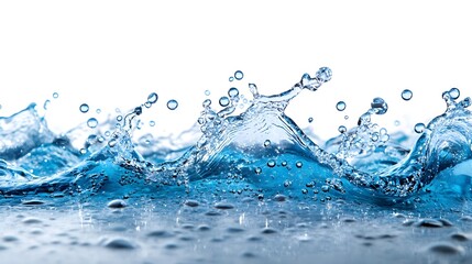 Blue Water Splash with Air Bubbles on White Background