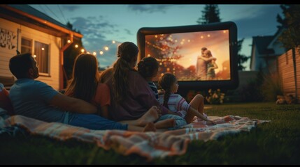 A family is watching a movie on a large screen in their backyard