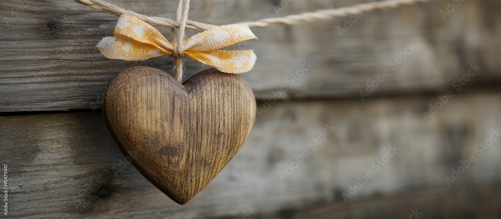Poster wooden heart ornament with ribbons suspended on a clothesline against an aged wooden backdrop. with 
